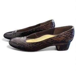 Vintage Shelby Brown Snakeskin Leather Block Pumps Women's Size 8